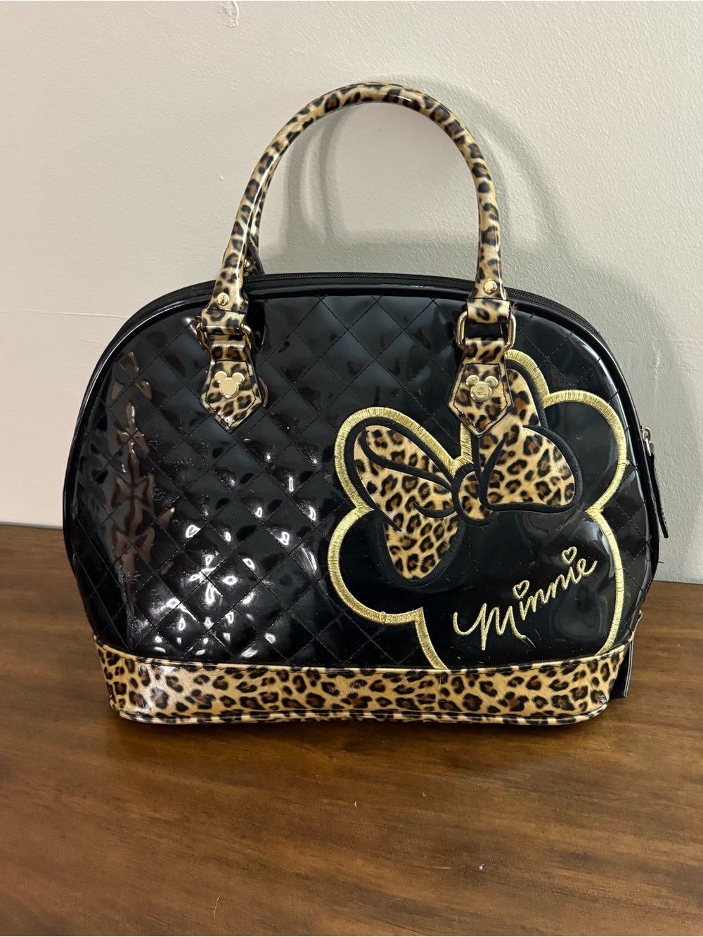 Minnie Mouse Loungefly Disney Black Quilted & Leopard Print Dome Purse